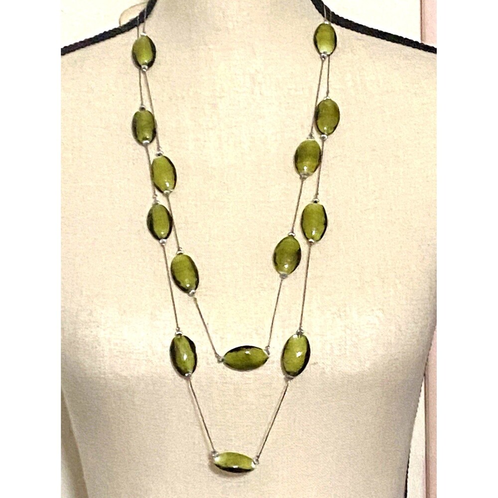 Vtg Double Strand Chartreuse Art Glass Station Necklace Boho Retro Whimsigoth